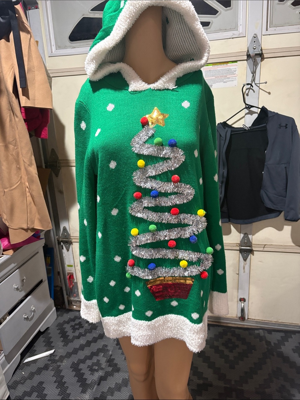 No Boundaries Green Hooded Christmas Tree Sweater with Pom-Pom Trim